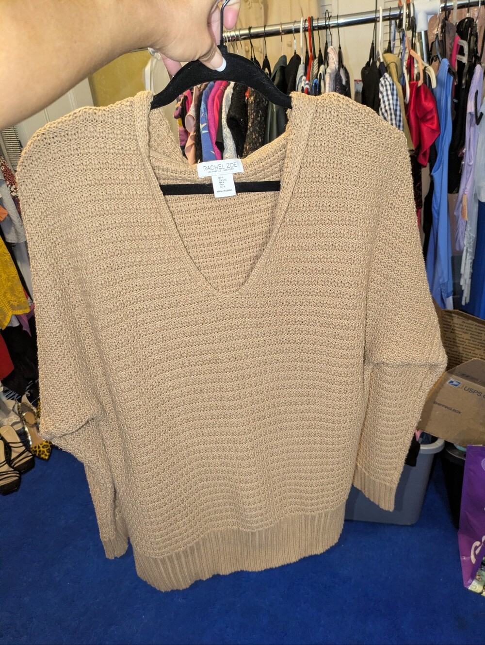 Rachel Zoe Tan Knit Hooded V-Neck Sweater Size L Elevated Casual Cozy